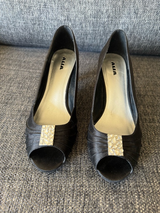 Alia Shoes - Alia Black Peep-Toe Heels with Gold Decorative Accent